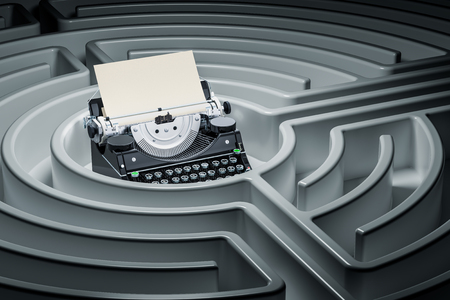 How to write a book, solution concept. Typewriter inside labyrinth maze. 3D renderingの写真素材