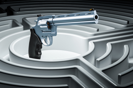 Revolver, gun inside labyrinth maze. Hidden threat concept. 3D renderingの写真素材