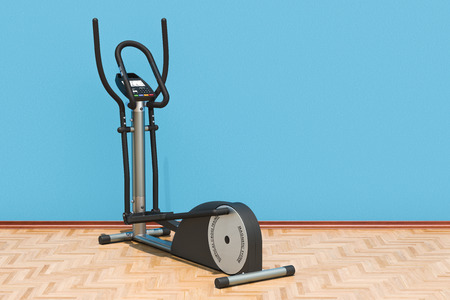 Elliptical trainer in room on the wooden floor, 3D rendering