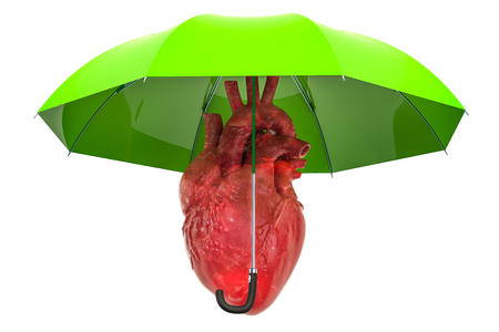 Human heart under umbrella, heart protect concept. 3D rendering isolated on white backgroundの写真素材