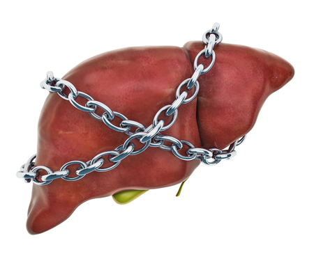 Liver Pain concept. Human liver with chain. 3D rendering isolated on white backgroundの写真素材