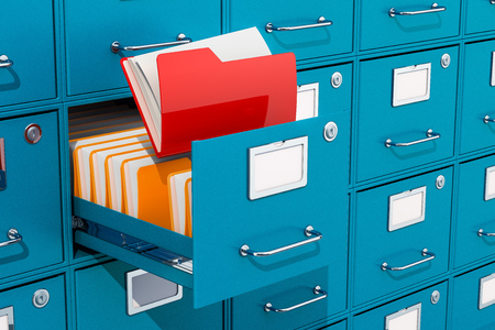 Folders inside filing cabinet, archive room. 3D renderingの写真素材