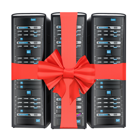 Server racks with bow and ribbon, gift concept. 3D rendering isolated on white background