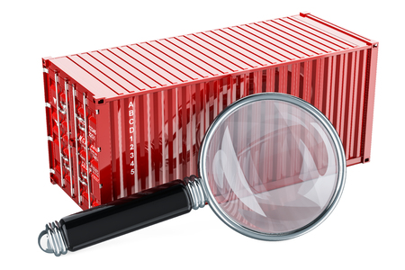 Cargo container with magnifying glass. Data search concept. 3D renderingの写真素材