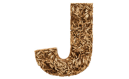 Letter J from bullets, 3D rendering isolated on white backgroundの写真素材