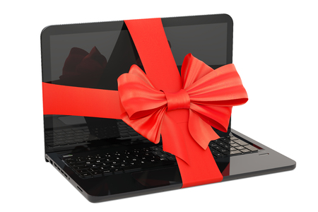 Laptop with bow and ribbon, gift concept. 3D rendering isolated on white backgroundの写真素材