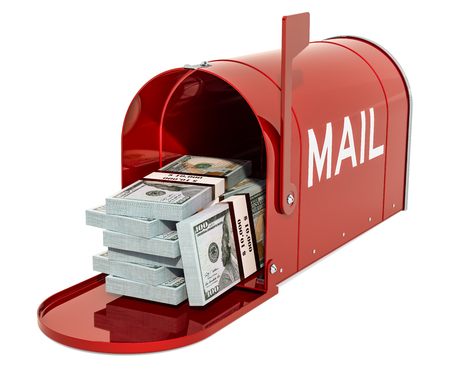Mailbox with dollar packs. 3D rendering isolated on white backgroundの写真素材