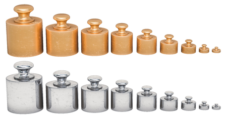 Set of Calibration Weights from brass and stainless steel, 3D rendering isolated on white backgroundの写真素材