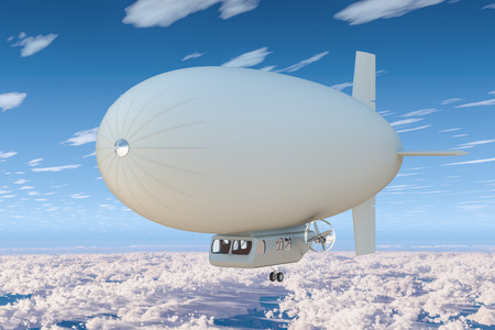 Airship or dirigible balloon in the blue sky above the clouds. 3D renderingの写真素材