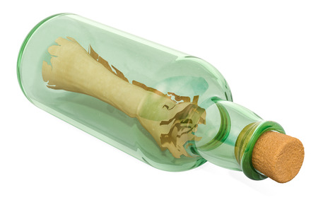 Message in a bottle closeup, 3D rendering isolated on white backgroundの写真素材