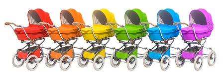 Row from multicolored baby prams or strollers, 3D rendering isolated on white backgroundの写真素材