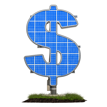 Solar panel in shaped of dollar symbol, 3D rendering isolated on white backgroundの写真素材