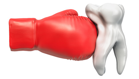 Tooth Pain concept. Tooth with boxing glove. 3D rendering isolated on white backgroundの写真素材