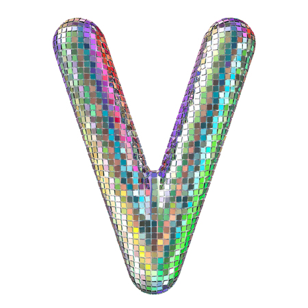 Disco font, letter V from glitter mirror facets. 3D rendering isolated on white backgroundの写真素材