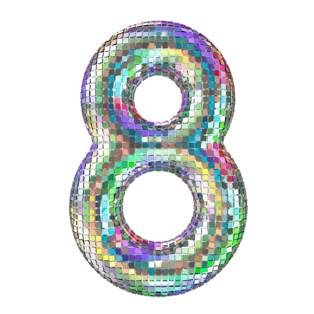 Disco font, number 8 from glitter mirror facets. 3D rendering isolated on white background