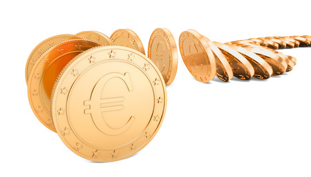 Domino effect from golden euro coins, 3D rendering isolated on white backgroundの写真素材
