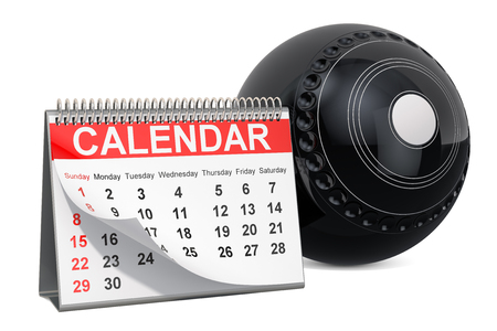 Lawn bowl ball with calendar, lawn bowl events calendar concept. 3D rendering isolated on white backgroundの写真素材