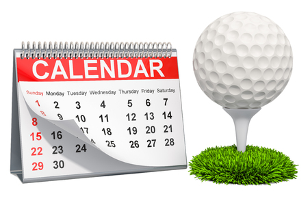 Golf ball with calendar, golf events calendar concept. 3D rendering isolated on white backgroundの写真素材