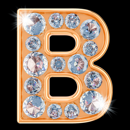 Golden letter B with diamonds. 3D rendering isolated on black backgroundの写真素材