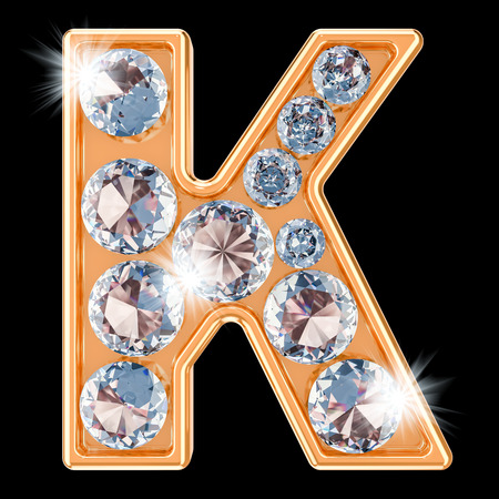 Golden letter K with diamonds. 3D rendering isolated on black backgroundの写真素材