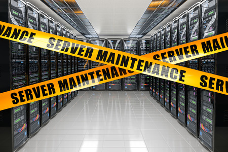 Server Maintenance concept. Server racks with yellow barrier tapes, 3D rendering isolated on white backgroundの写真素材