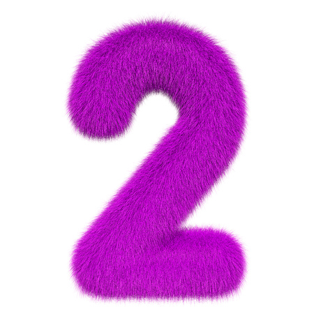 Colored, fluffy, hairy number 2. 3D rendering isolated on white backgroundの写真素材
