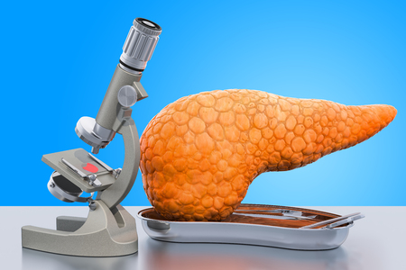 Research and diagnostics of pancreatic disease concept. Laboratory microscope with human pancreas, 3D renderingの写真素材