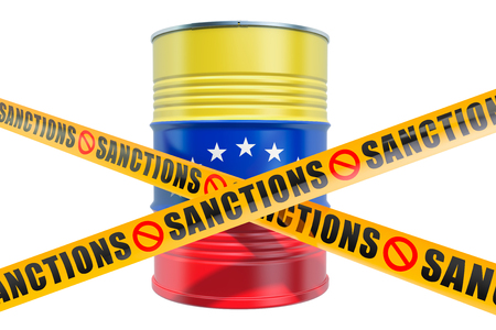 Sanctions against Venezuela, forbidden export of Venezuelan oil concept, 3D rendering isolated on white backgroundの写真素材