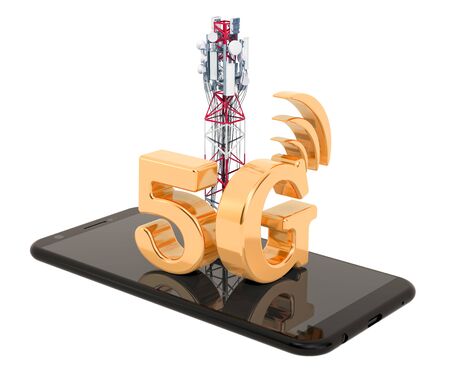 Smartphone with mobile tower, 5G concept. 3D rendering isolated on white backgroundの写真素材