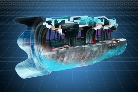 Visualization 3d cad model of Camera lens, blueprint. 3D rendering