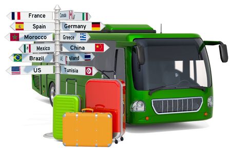 Traveling by Bus concept. Bus with suitcases and signpost, 3D rendering isolated on white background