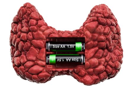 Human thyroid with batteries. Recovery and treatment concept. 3D rendering isolated on white...