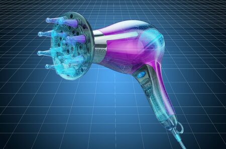 Visualization 3d cad model of hair dryer, blueprint. 3D renderingの写真素材