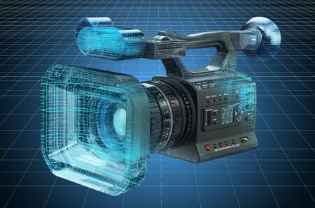 Visualization 3d cad model of professional video camera, blueprint. 3D rendering
