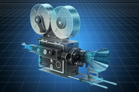 Visualization 3d cad model of old movie camera, blueprint. 3D rendering