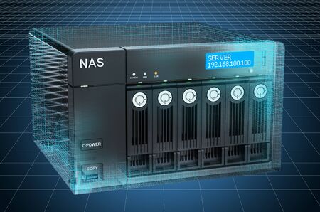 Visualization 3d cad model of NAS with six disks, blueprint. 3D rendering