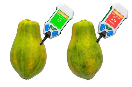 Nitrate testers with papayas. Measurement of nitrate levels in papayas, normal range and higher than...