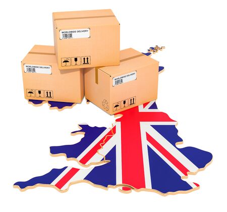 Parcels on the British map. Shipping in the Great Britain, concept. 3D rendering isolated on white backgroundの写真素材