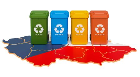 Waste recycling in Czech Republic. Colored trash cans on the map of Czech Republic, 3D rendering isolated on white backgroundの写真素材