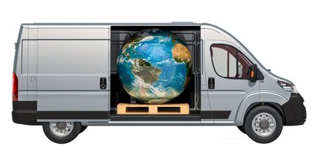 Commercial delivery van with Earth Globe. Worldwide delivery and freight transportation concept, 3D...