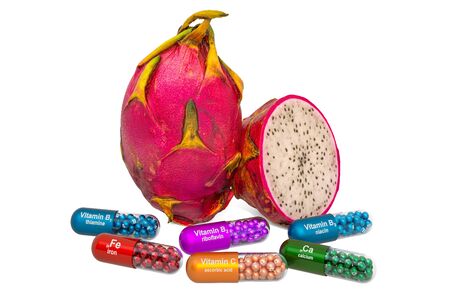 Vitamins and minerals of dragon fruit, 3D rendering isolated on white backgroundの写真素材
