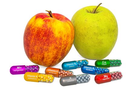 Vitamins and minerals of apple, 3D rendering isolated on white backgroundの写真素材