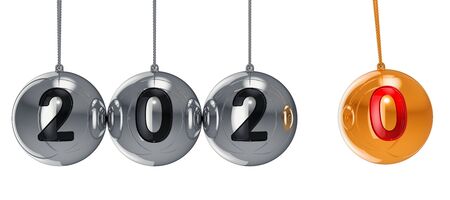 Happy New Year 2020 concept. Pendulum, Newton's cradle 2020, 3D rendering isolated on white...