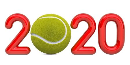 Tennis 2020 with tennis ball, concept. 3D rendering isolated on white background