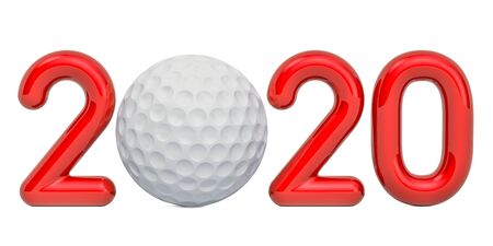 Golf 2020 with golf ball, concept. 3D rendering isolated on white background