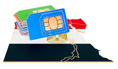 Sim cards on the Egyptian map. Mobile communications, roaming in Egypt, concept. 3D rendering isolated on white backgroundの写真素材