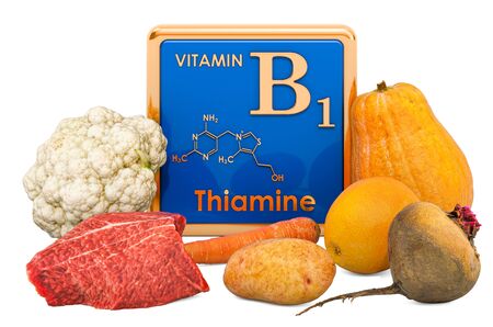 Foods Highest in Vitamin B1, Thiamin. 3D rendering isolated on white backgroundの写真素材