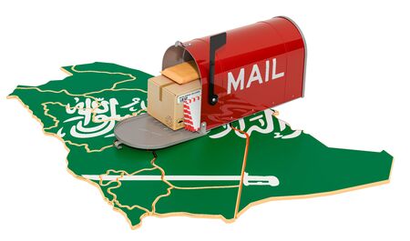 Mailbox on the map of Saudi Arabia. Shipping in Saudi Arabia, concept. 3D rendering isolated on white backgroundの写真素材