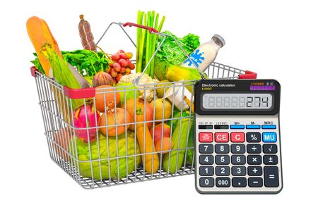 Shopping basket full of products with calculator, 3D rendering isolated on white backgroundの写真素材
