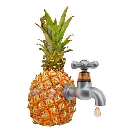 Pineapple juice. Pineapple with tap, 3D rendering isolated on white backgroundの写真素材